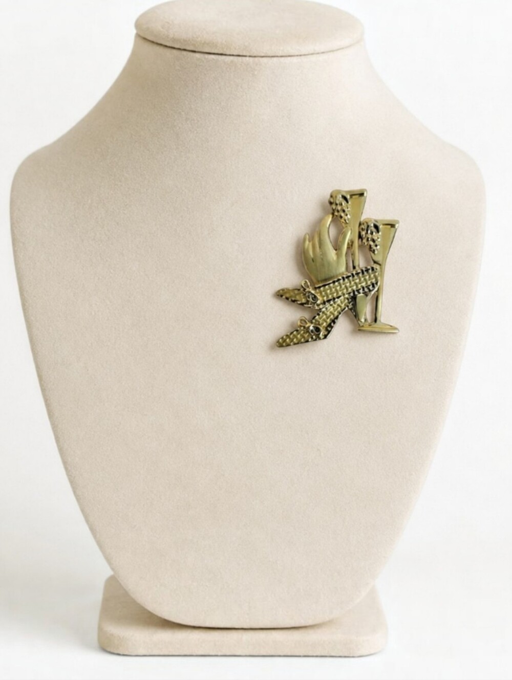 Vintage 1980s Goldtone Celebration Brooch Pin - Champagne and Heels
